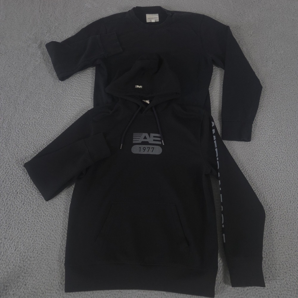 LOT OF 2 American Eagle Pullover Mens M Black Logo Graphic Cotton Sweatshirts
